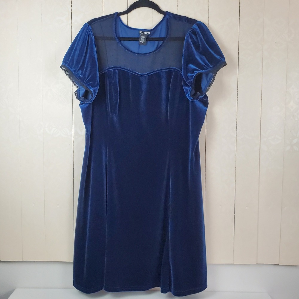 Hot Topic Royal Blue Velvet Mesh Lace Trim Mini Dress Size 3 Plus